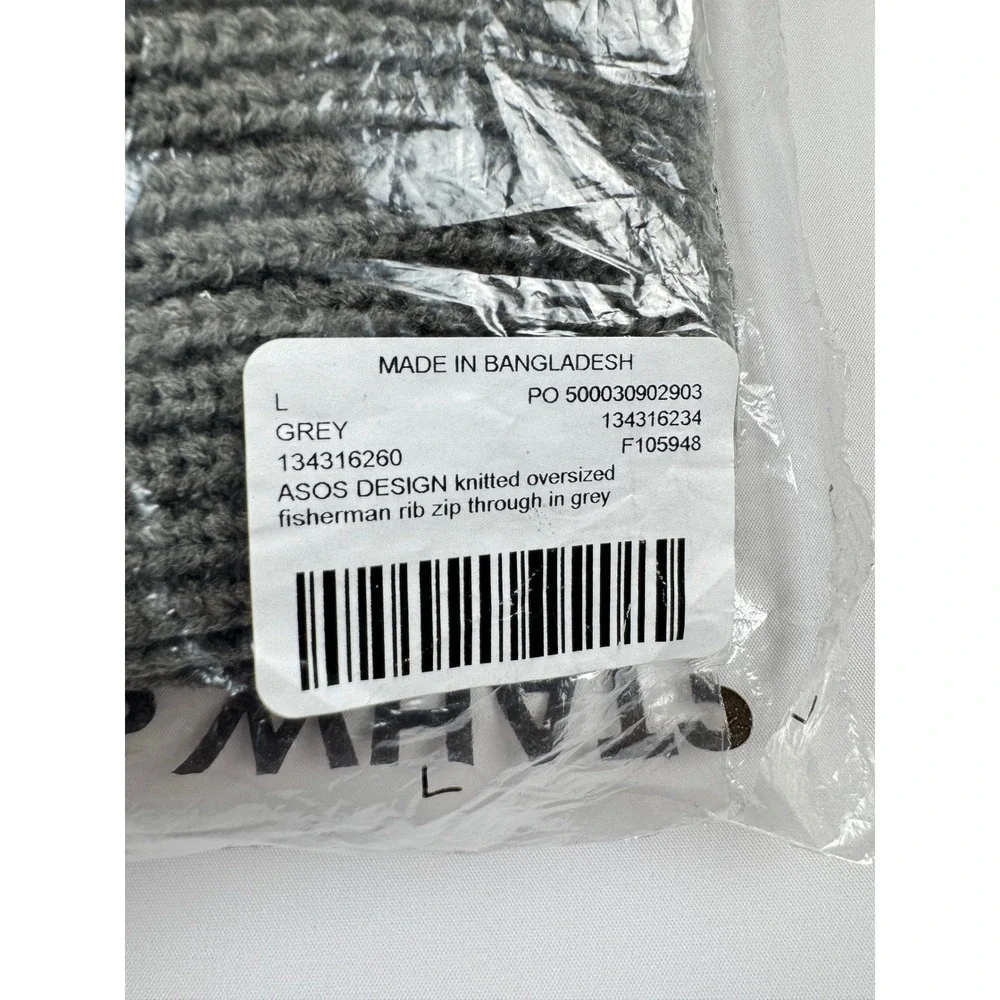ASOS DESIGN Knitted Oversized Fisherman‎ Rib Zip Through - Grey Size XL NWT